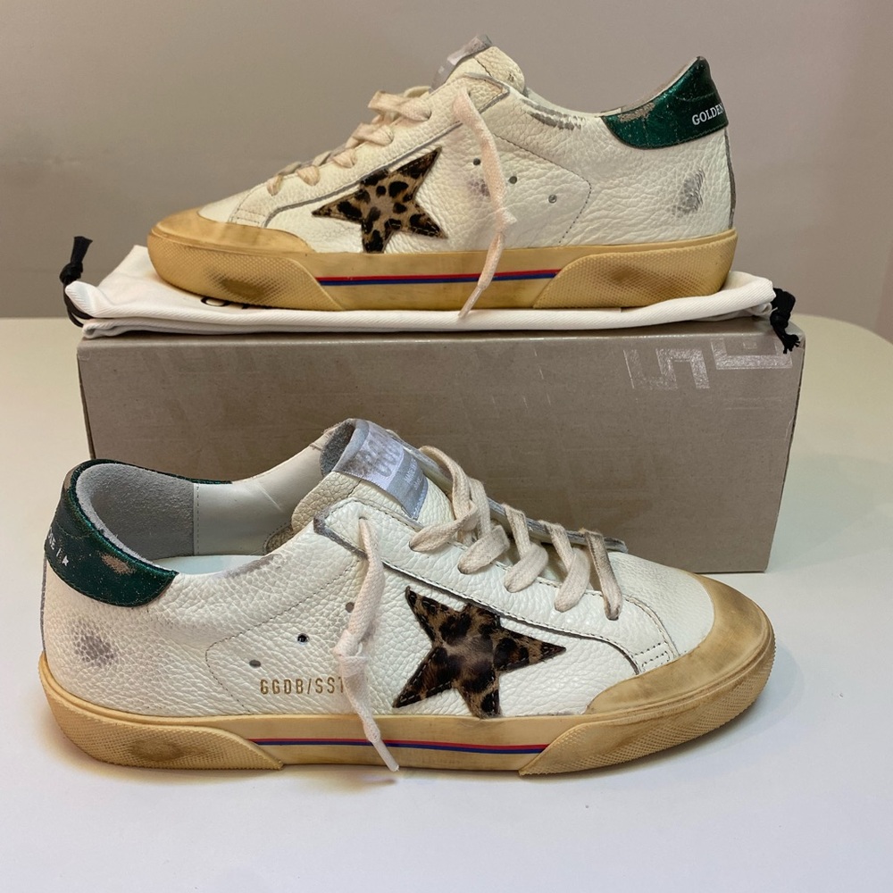 Golden Goose Superstar Penstar White Leather/Green/Leopard Star sz 38 New in Box - Picture 3 of 14